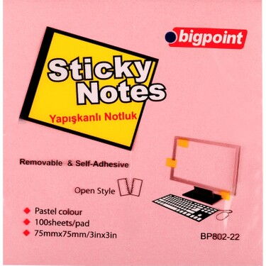 Bigpoint Yapışkanlı Not Kağıdı 75x75 Pembe X 1 Adet